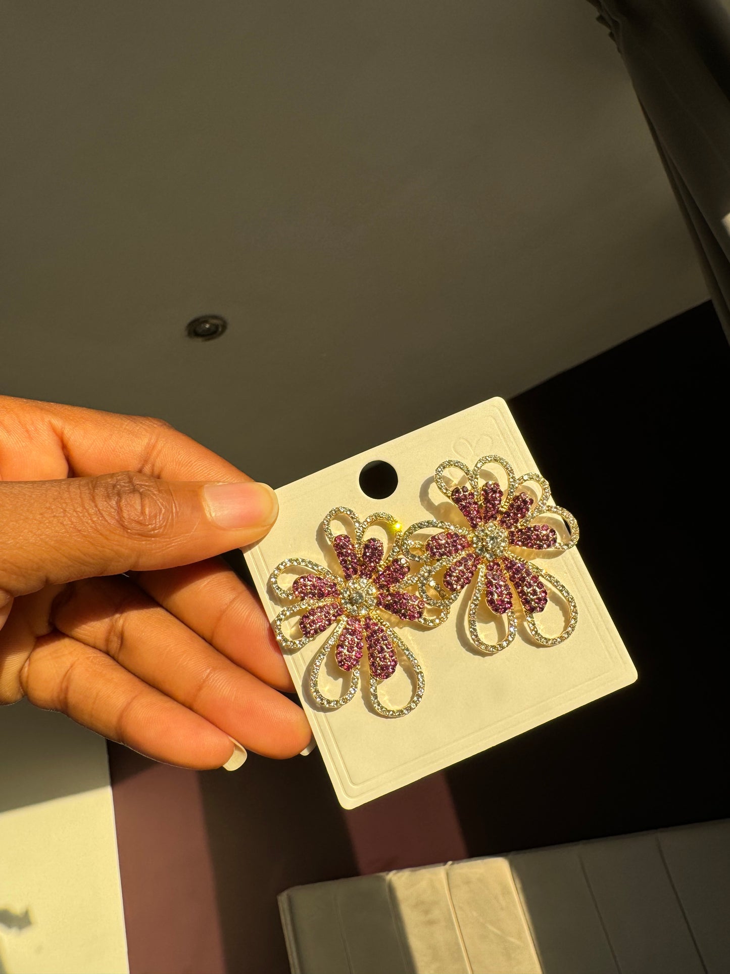 Luxury Rhinestone Gold and Pink Flower Earring