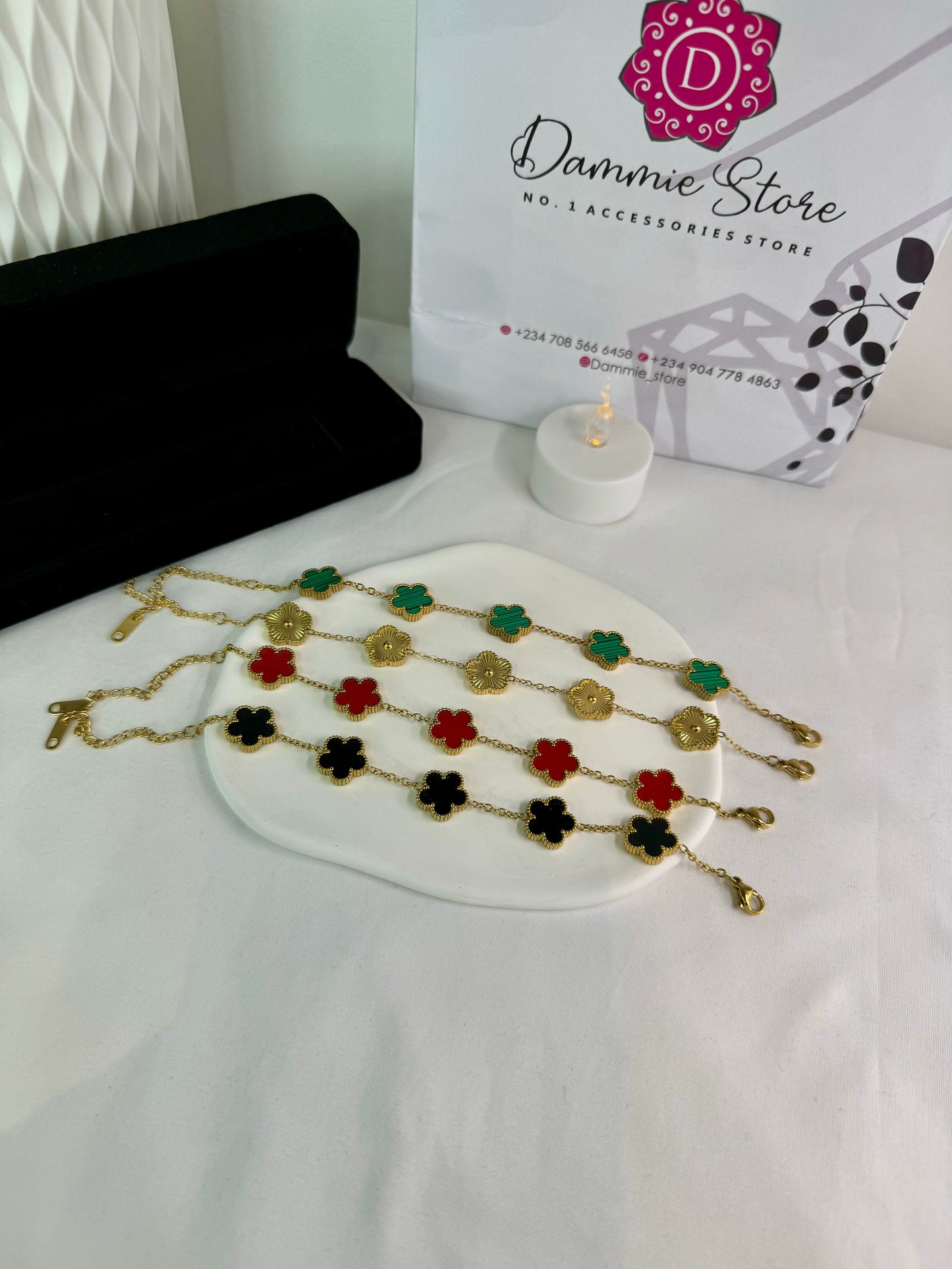 Stainless Steel 18k Gold Plated Clover Butterfly and Flower Design Bracelet