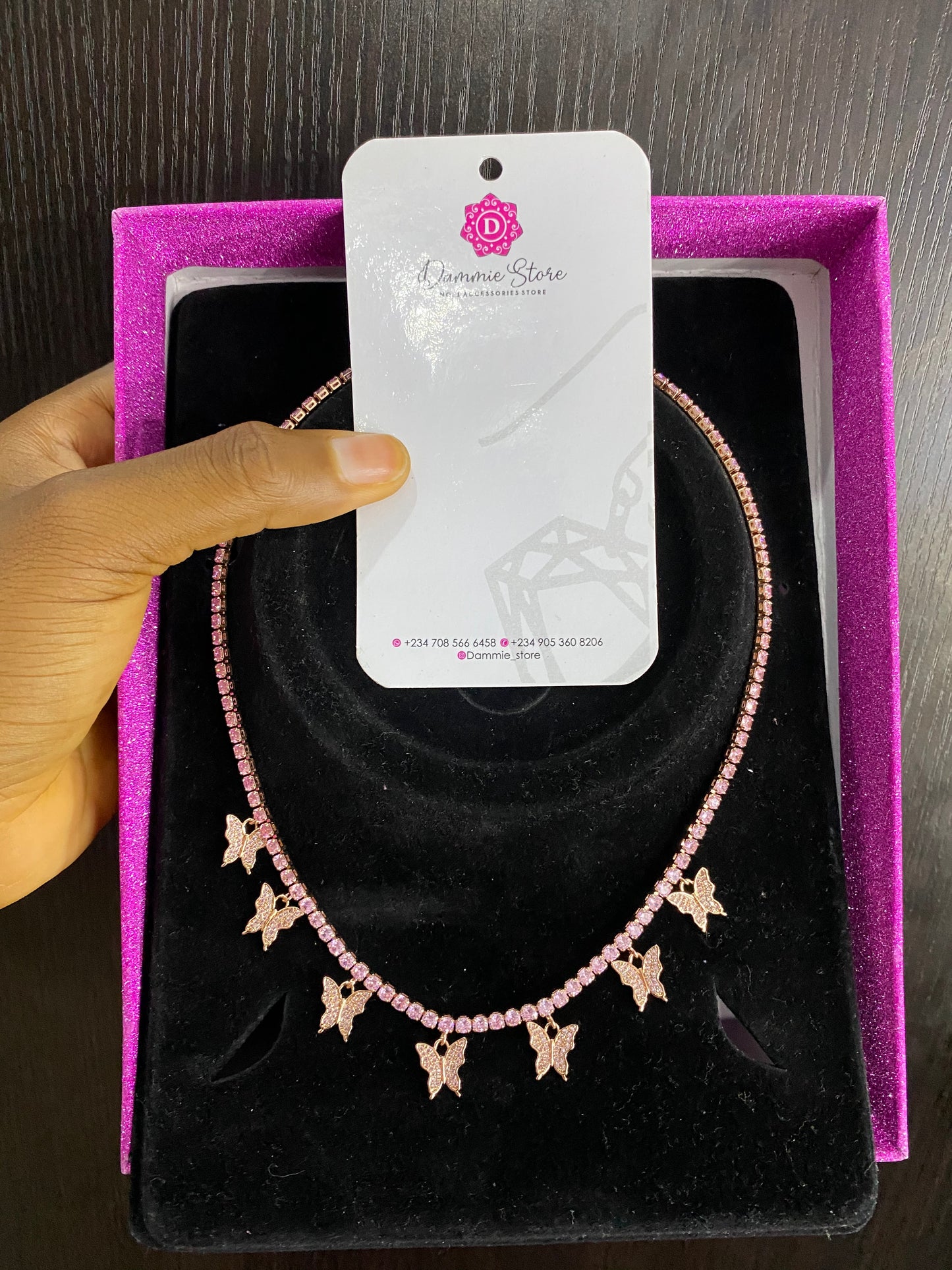 Pink Rhinestone Butterfly Choker Necklace