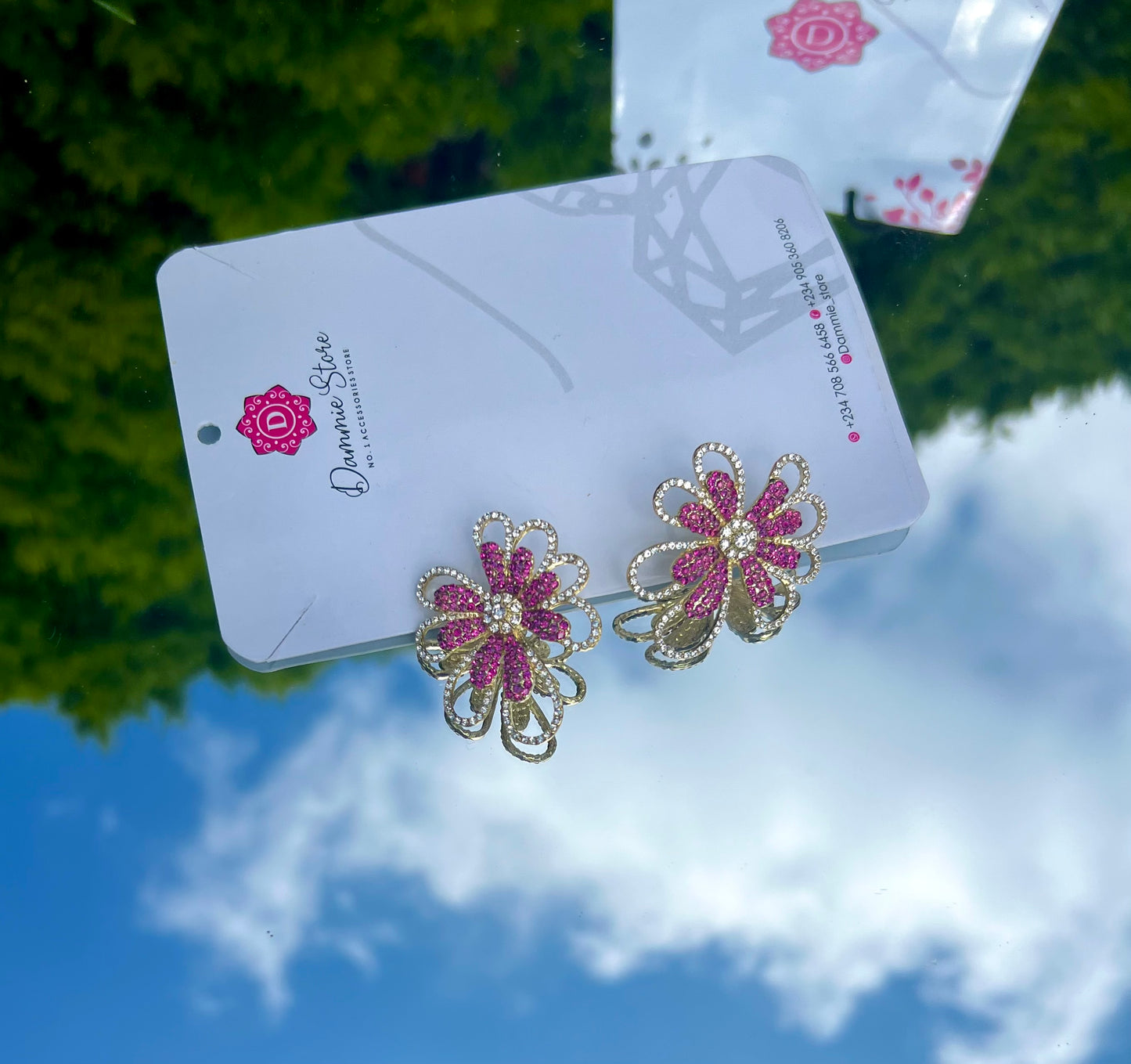 Luxury Rhinestone Gold and Pink Flower Earring