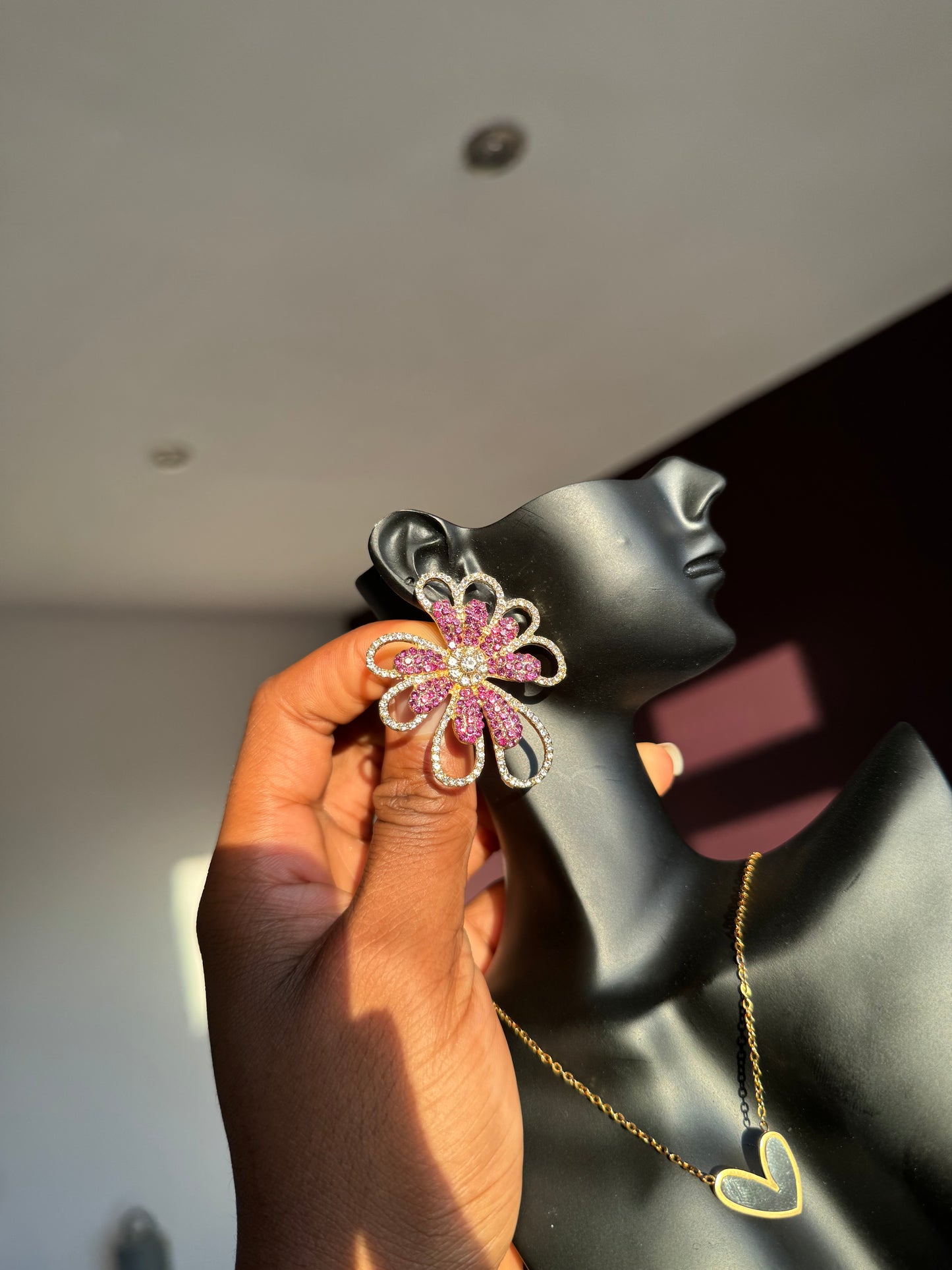 Luxury Rhinestone Gold and Pink Flower Earring