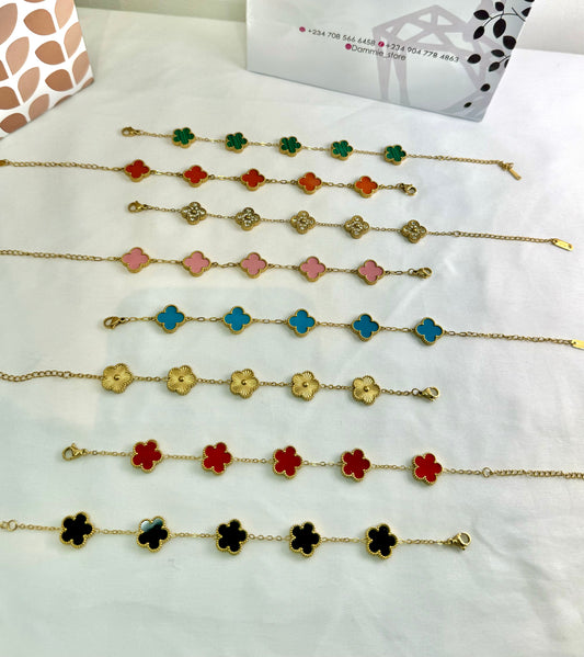 Stainless Steel 18k Gold Plated Clover Butterfly and Flower Design Bracelet