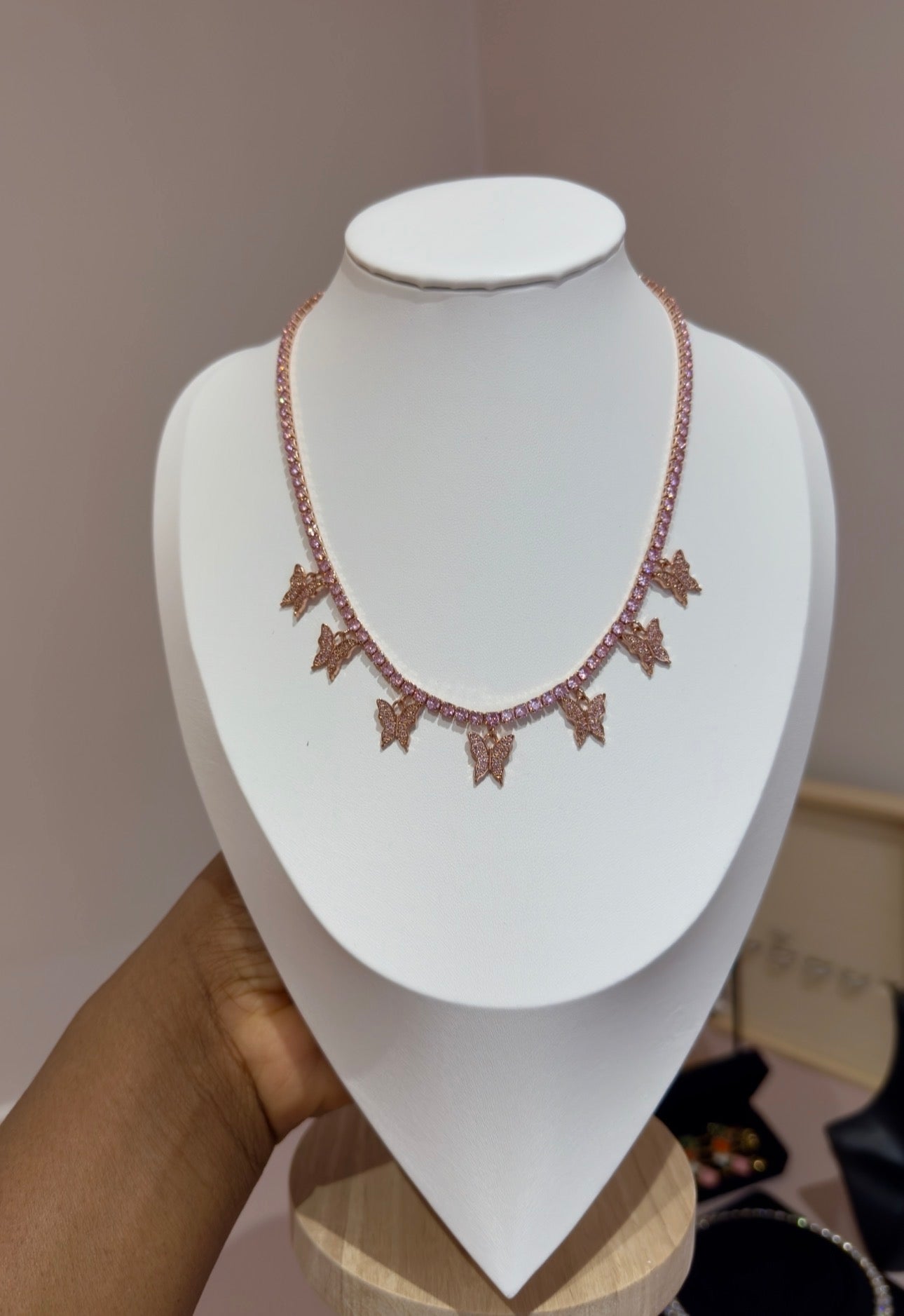 Pink Rhinestone Butterfly Choker Necklace