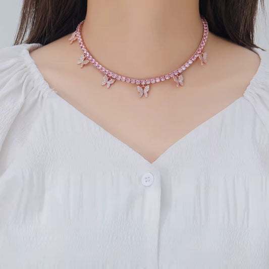 Pink Rhinestone Butterfly Choker Necklace