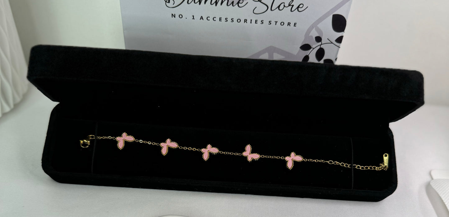 Stainless Steel 18k Gold Plated Clover Butterfly and Flower Design Bracelet